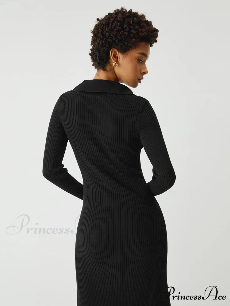 Asymmetric Button Down Long Modern Sleeve Midi Sweater Dress - Image 6