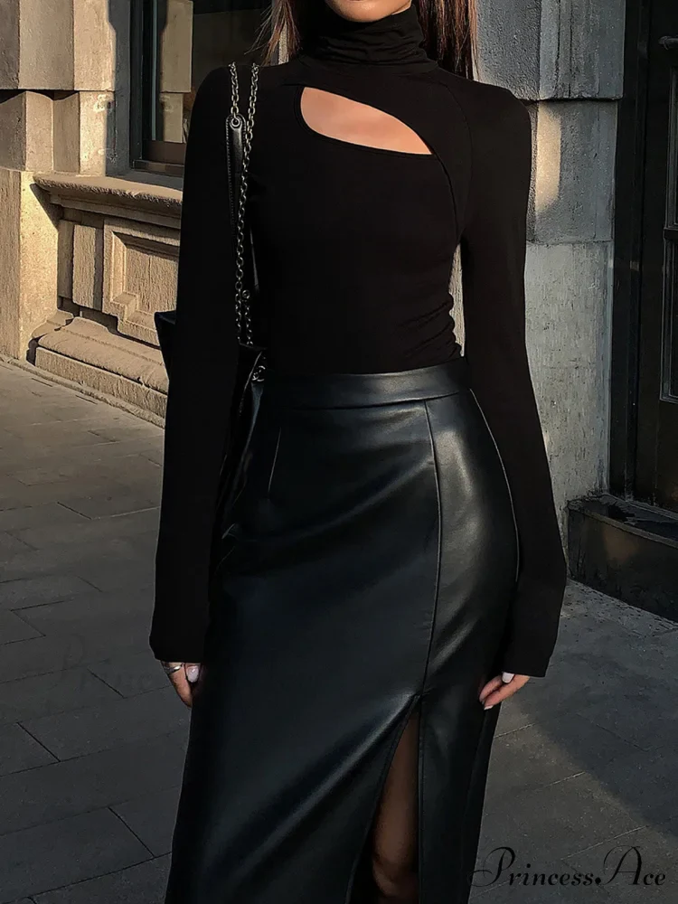 Asymmetric Cut Out Turtleneck Modern Long Sleeve Slinky Top - Image 4