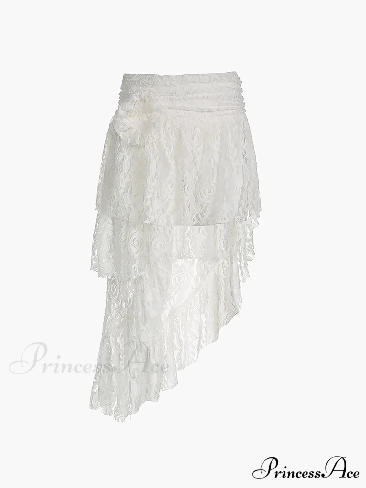 Asymmetric Flower Lace Trendy Ruffles Pleated Long Skirt - Image 5