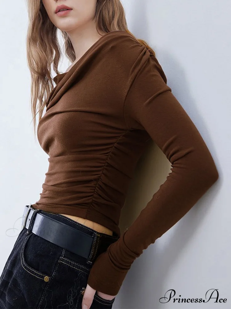 Asymmetric Neckline Ruched Trendy Long Sleeve Shirt - Image 2