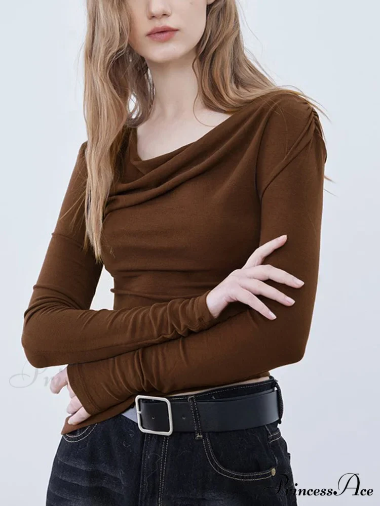 Asymmetric Neckline Ruched Trendy Long Sleeve Shirt - Image 3