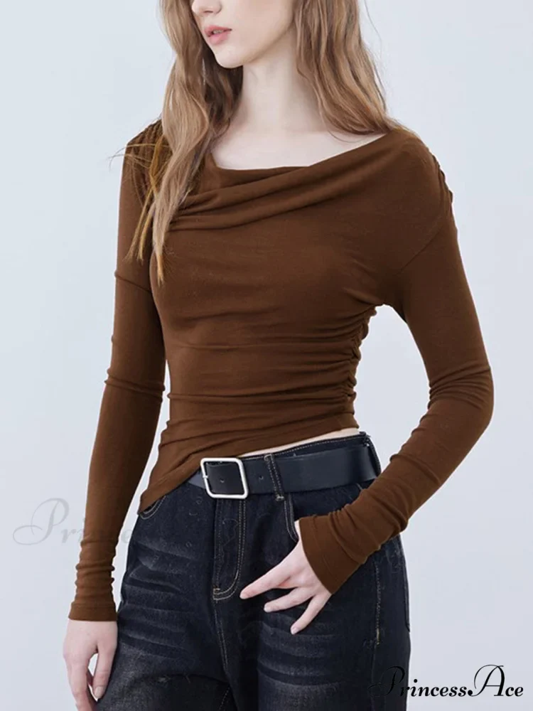 Asymmetric Neckline Ruched Trendy Long Sleeve Shirt - Image 4