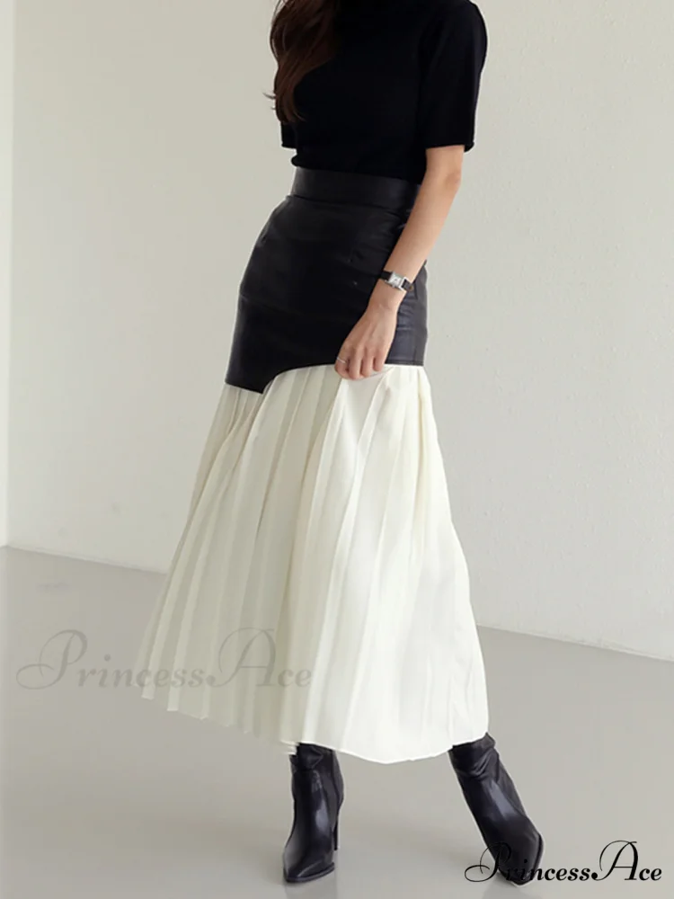 Asymmetric Patchwork Faux Leather Modern Chiffon Pleated Midi Skirt - Image 2