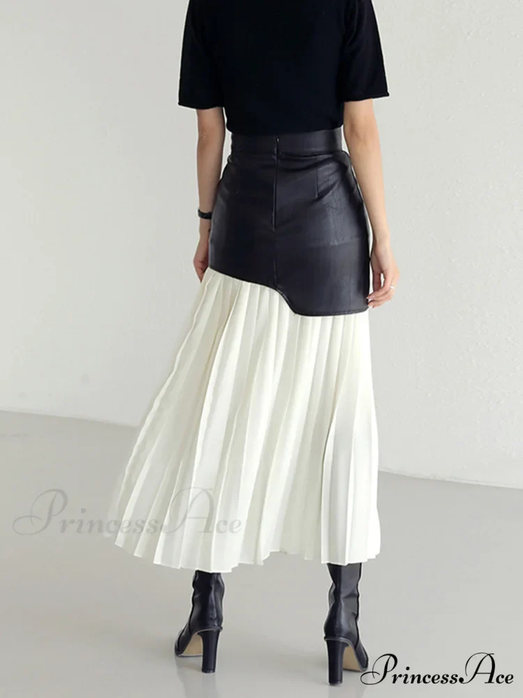 Asymmetric Patchwork Faux Leather Modern Chiffon Pleated Midi Skirt - Image 3