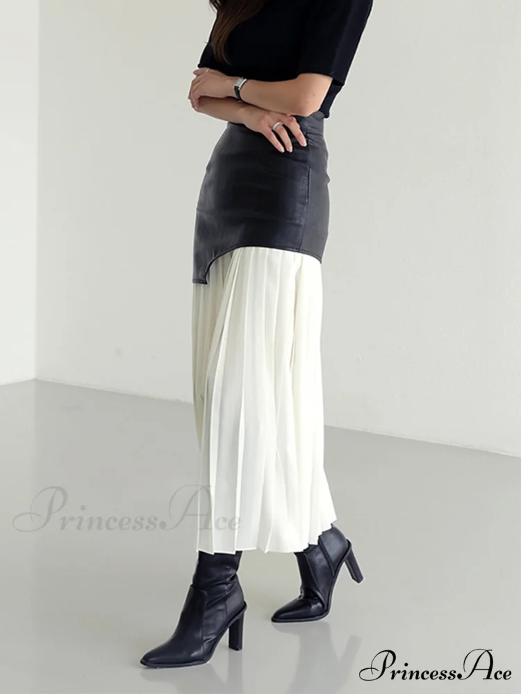 Asymmetric Patchwork Faux Leather Modern Chiffon Pleated Midi Skirt - Image 4