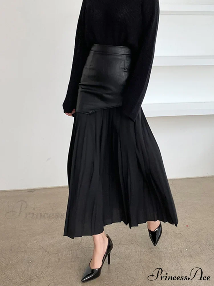 Asymmetric Patchwork Faux Leather Modern Chiffon Pleated Midi Skirt - Image 5