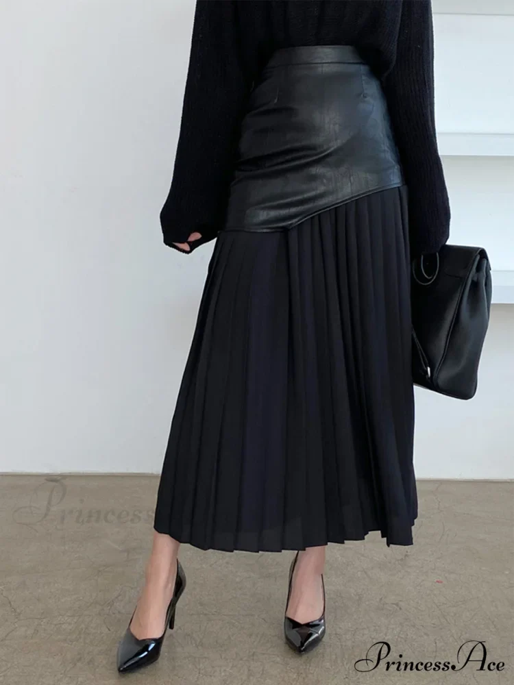 Asymmetric Patchwork Faux Leather Modern Chiffon Pleated Midi Skirt - Image 6
