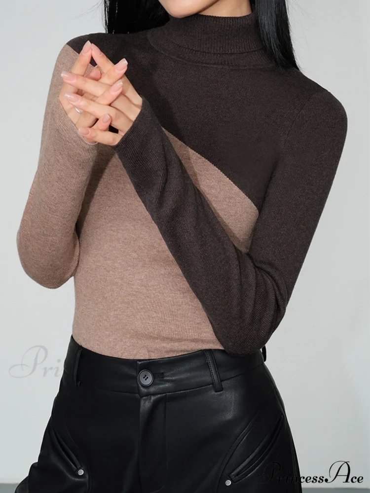 Asymmetric Patchwork Long Sleeve Modern Mock Neck Knit Top - Image 10