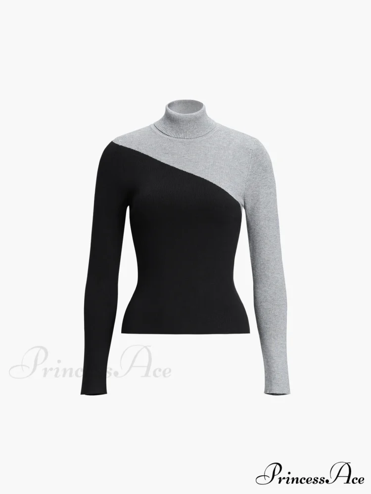 Asymmetric Patchwork Long Sleeve Modern Mock Neck Knit Top - Image 11
