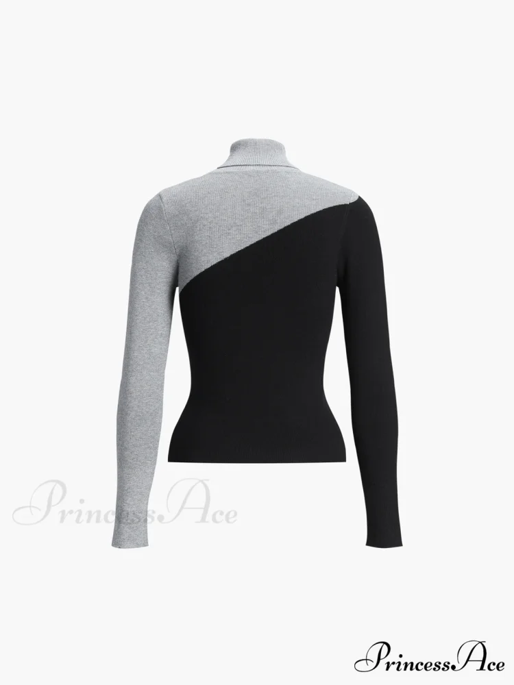 Asymmetric Patchwork Long Sleeve Modern Mock Neck Knit Top - Image 12