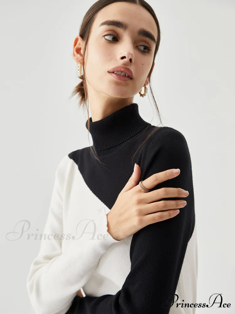 Asymmetric Patchwork Long Sleeve Modern Mock Neck Knit Top - Image 14
