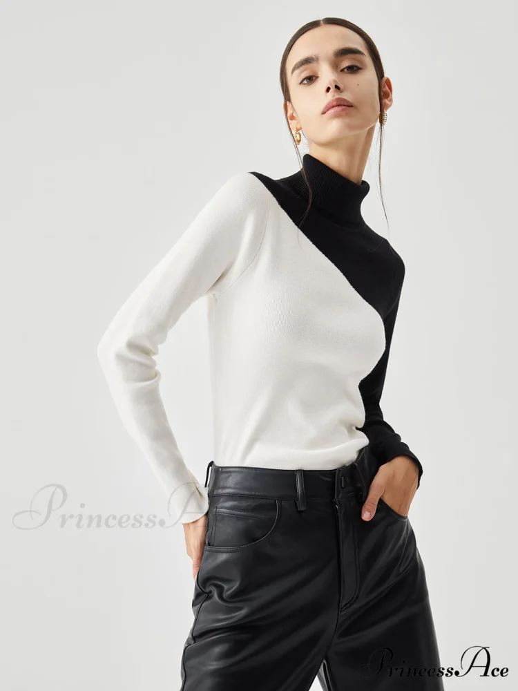 Asymmetric Patchwork Long Sleeve Modern Mock Neck Knit Top - Image 15