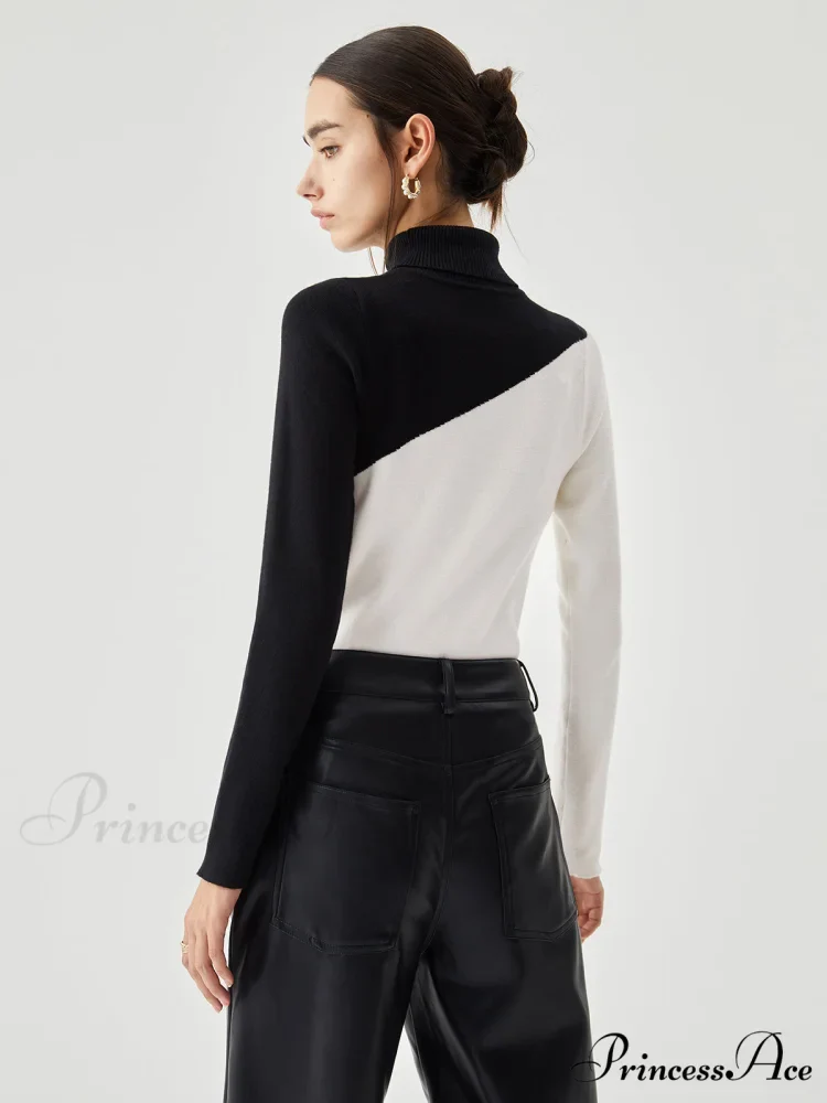 Asymmetric Patchwork Long Sleeve Modern Mock Neck Knit Top - Image 16