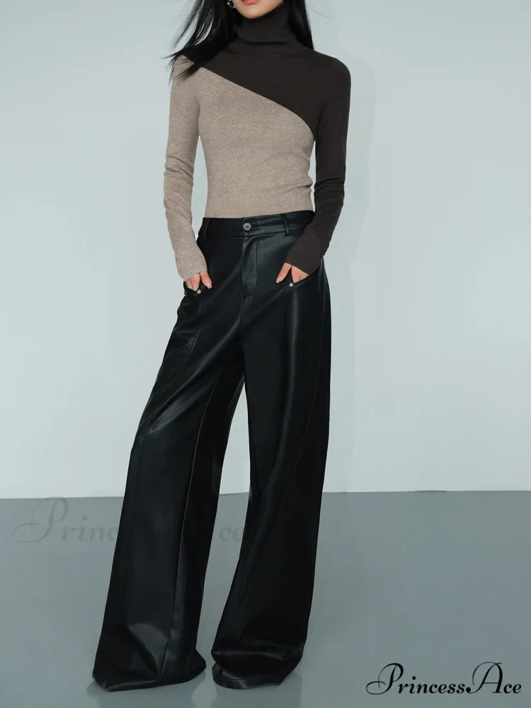 Asymmetric Patchwork Long Sleeve Modern Mock Neck Knit Top - Image 4