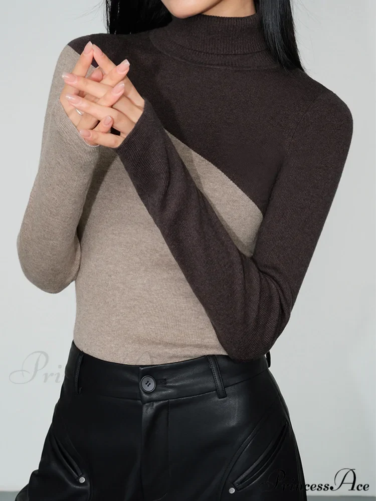Asymmetric Patchwork Long Sleeve Modern Mock Neck Knit Top - Image 5