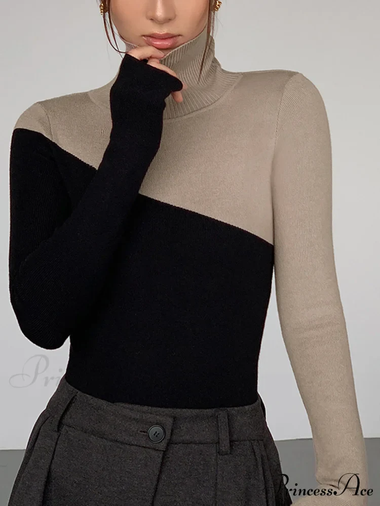 Asymmetric Patchwork Long Sleeve Modern Mock Neck Knit Top - Image 6