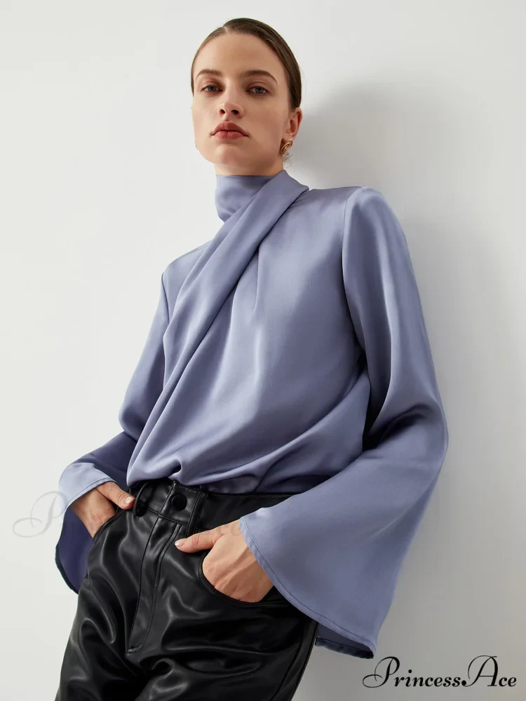Asymmetric Pleated Graceful Turtleneck Satin Shirt - Image 3