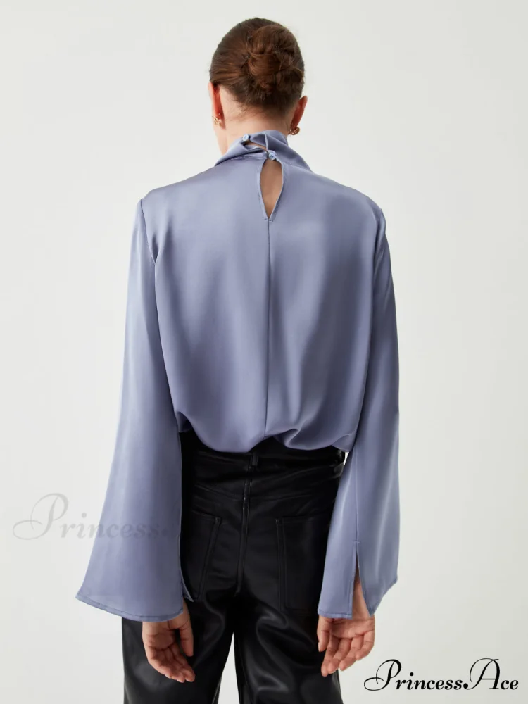 Asymmetric Pleated Graceful Turtleneck Satin Shirt - Image 4