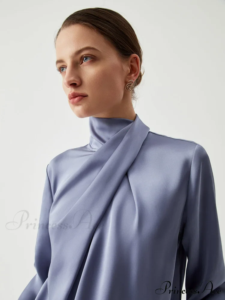 Asymmetric Pleated Graceful Turtleneck Satin Shirt - Image 5