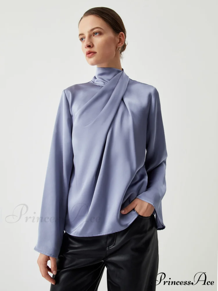 Asymmetric Pleated Graceful Turtleneck Satin Shirt - Image 6