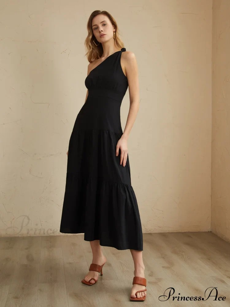 Asymmetric Shoulder Graceful Knotted Midi Dress - Image 2