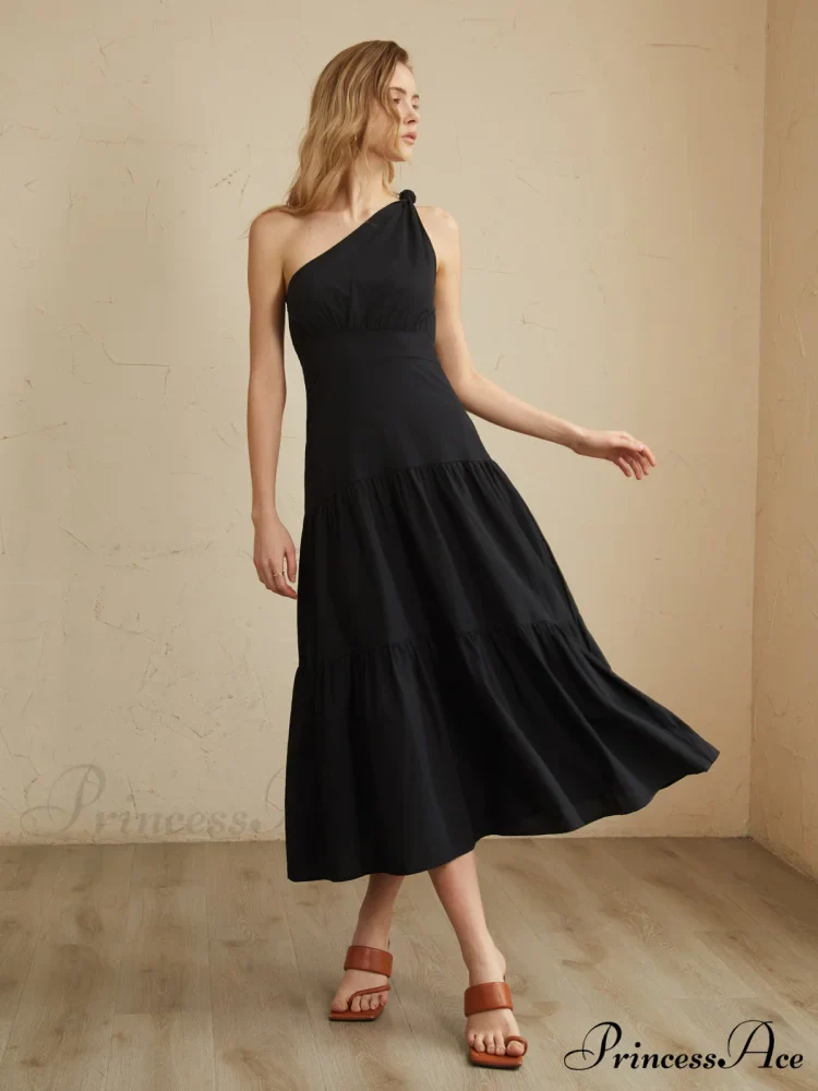 Asymmetric Shoulder Graceful Knotted Midi Dress - Image 3