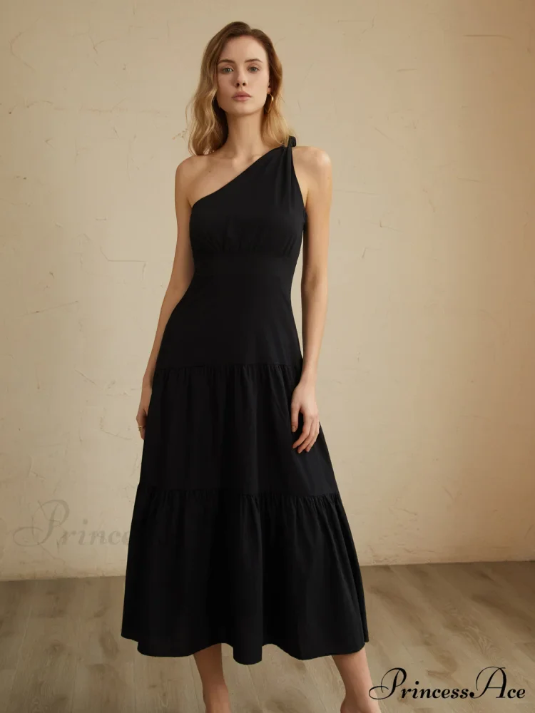 Asymmetric Shoulder Graceful Knotted Midi Dress - Image 4
