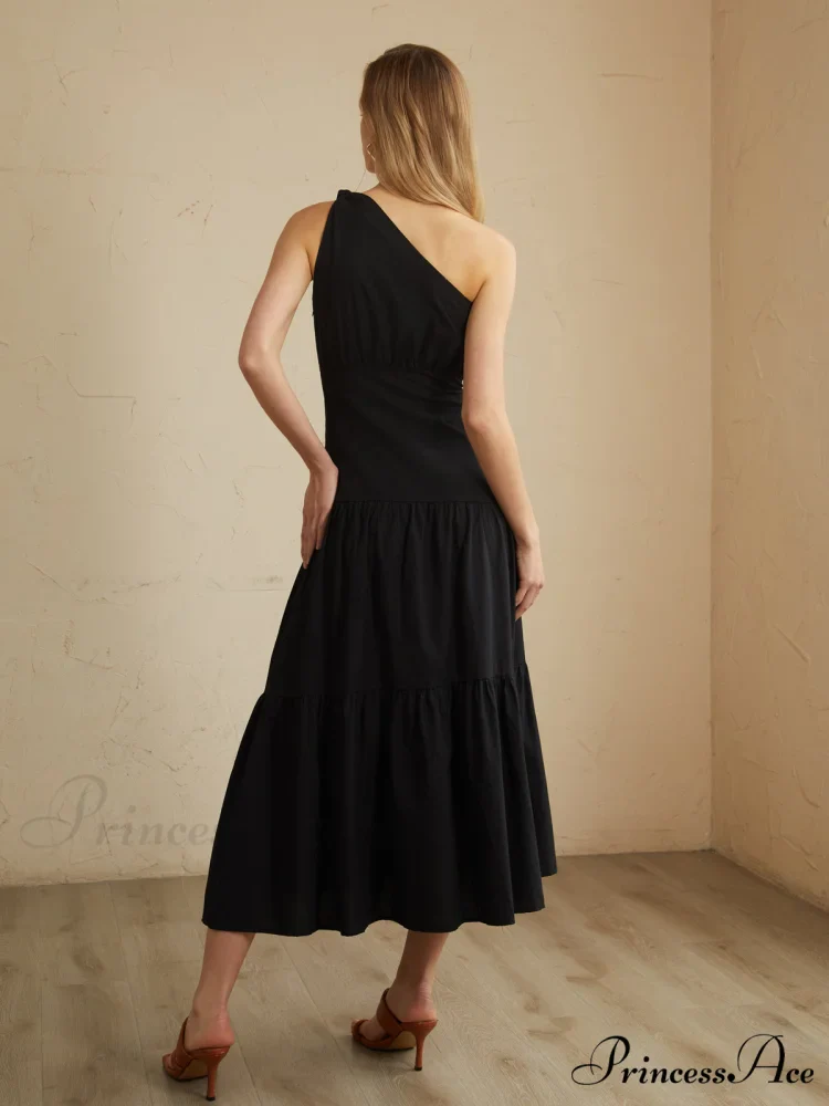 Asymmetric Shoulder Graceful Knotted Midi Dress - Image 6