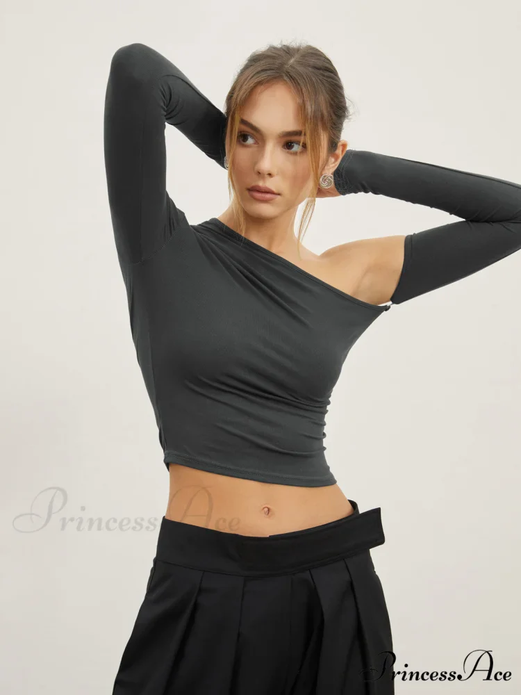 Asymmetric Sleeve Graceful Ruched Crop Shirt - Image 3