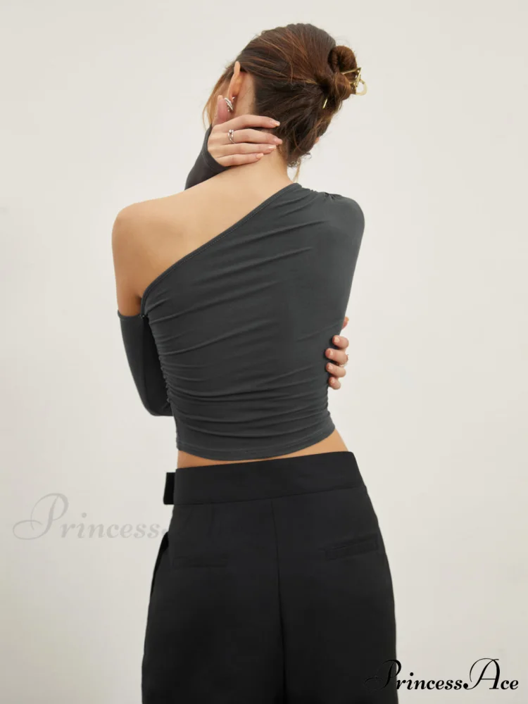 Asymmetric Sleeve Graceful Ruched Crop Shirt - Image 4