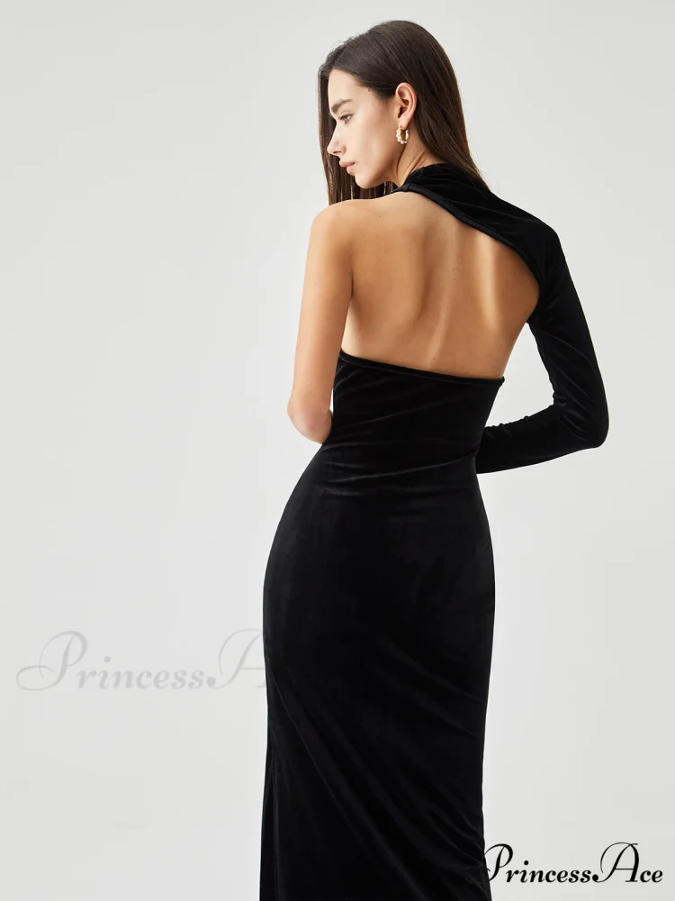 Asymmetric Sleeve Velvet Slit Modern Open Back Long Dress - Image 4