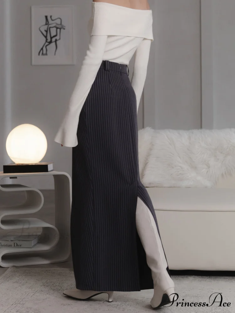 Asymmetric Slit Graceful Striped Long Skirt - Image 2