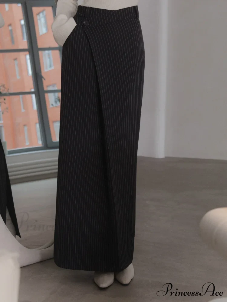 Asymmetric Slit Graceful Striped Long Skirt - Image 3