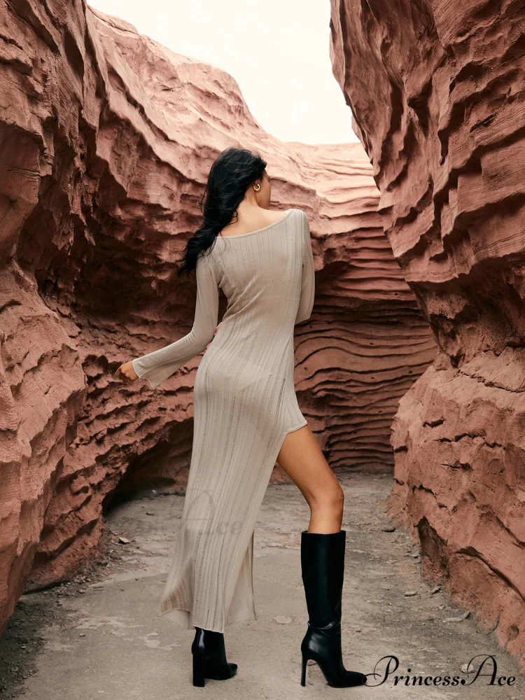 Asymmetric Split Graceful Sweater Long Dress - Image 6