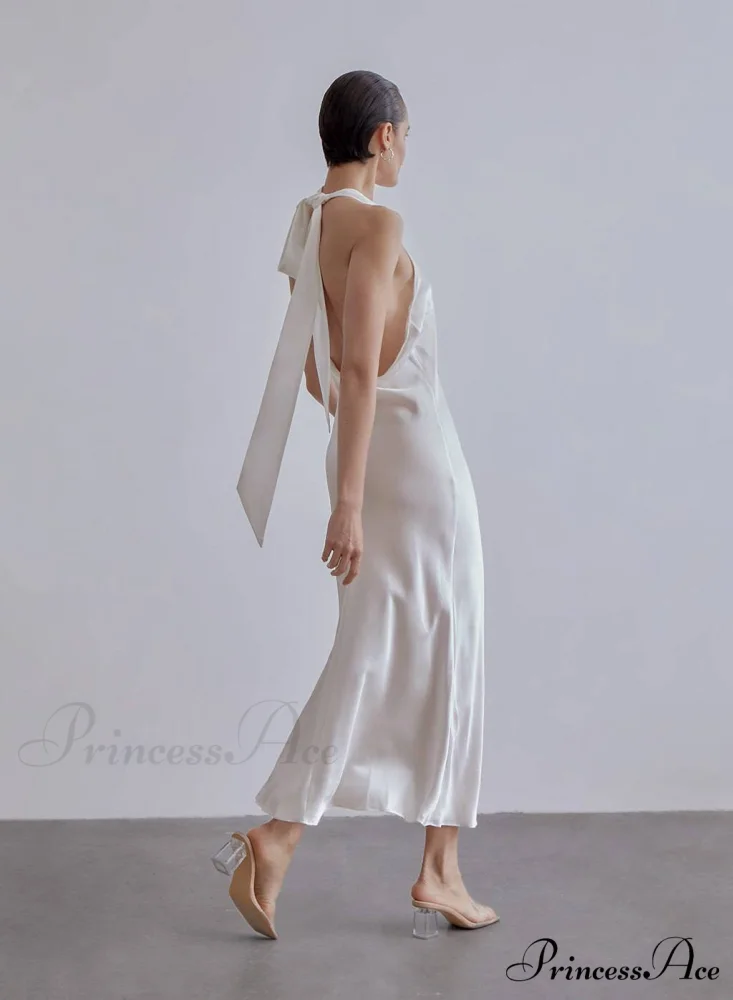 French Bow Halterneck Charming Silk Maxi Dress - Image 4