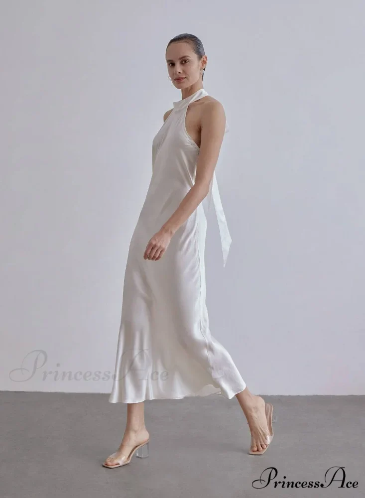 French Bow Halterneck Charming Silk Maxi Dress - Image 6