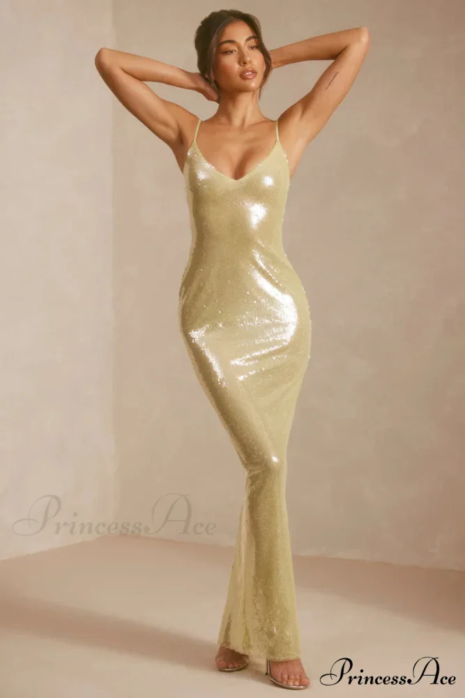 Sheer Sequin V-Neck Cut Out Trendy Back Evening Gown in Pistachio - Image 3