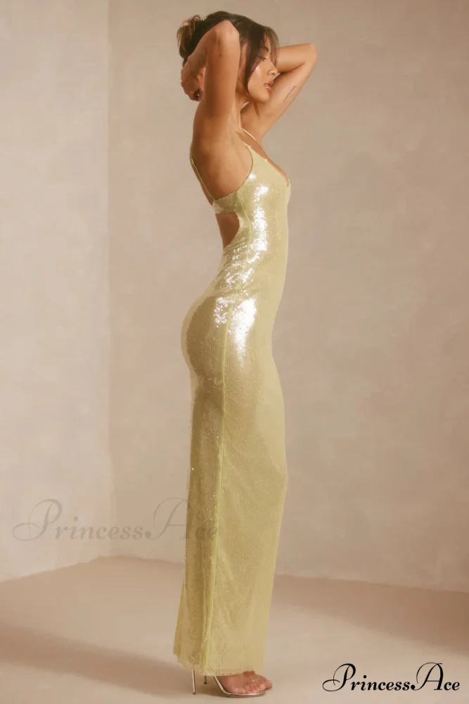 Sheer Sequin V-Neck Cut Out Trendy Back Evening Gown in Pistachio - Image 4