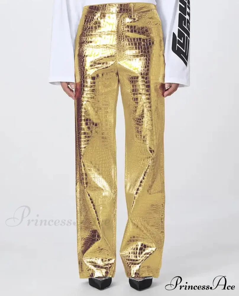 Silver PU Leather Scale High Waist Straight Pants - Image 10