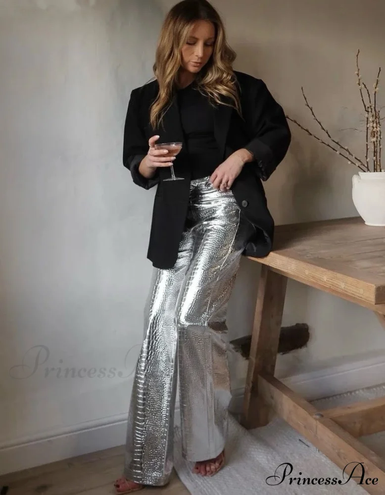 Silver PU Leather Scale High Waist Straight Pants - Image 2