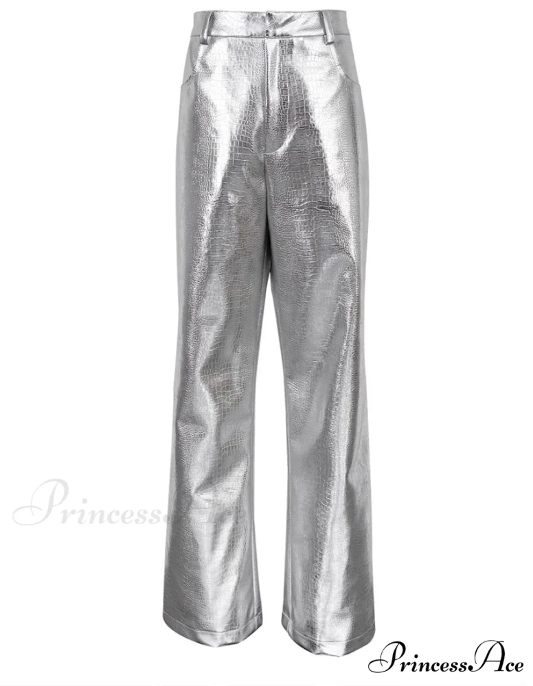 Silver PU Leather Scale High Waist Straight Pants - Image 3