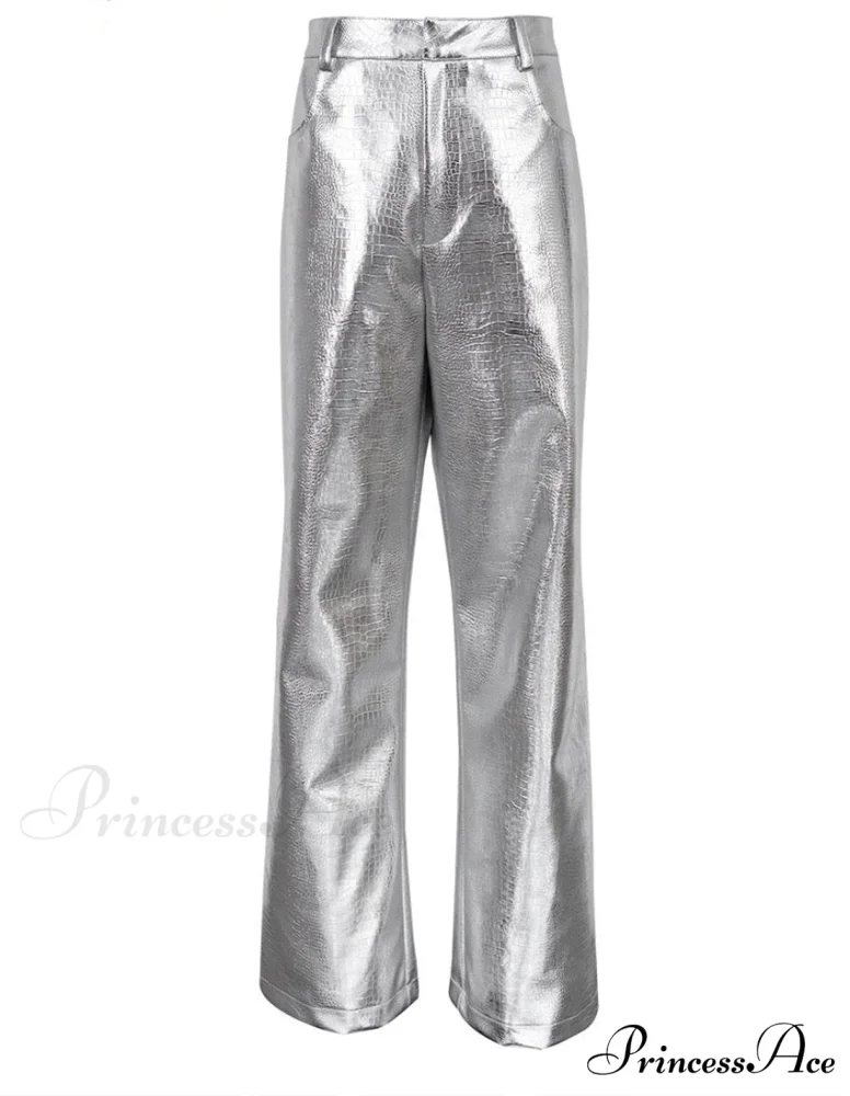 Silver PU Leather Scale High Waist Straight Pants - Image 4