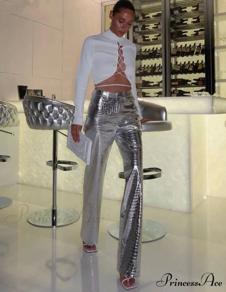 Silver PU Leather Scale High Waist Straight Pants - Image 5