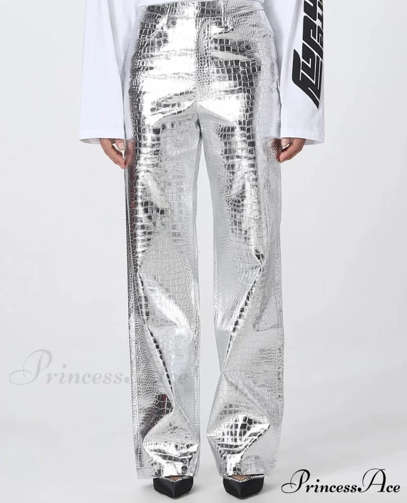 Silver PU Leather Scale High Waist Straight Pants - Image 6