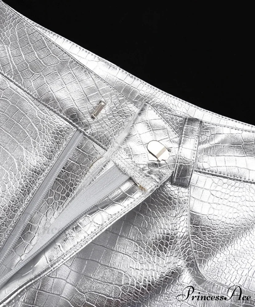 Silver PU Leather Scale High Waist Straight Pants - Image 7