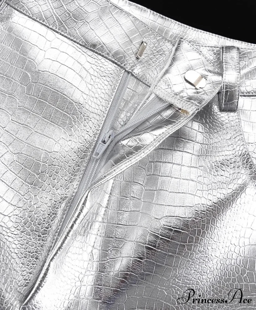Silver PU Leather Scale High Waist Straight Pants - Image 8