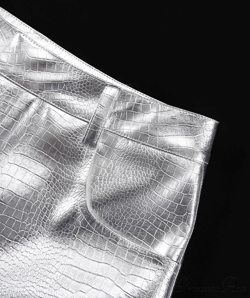 Silver PU Leather Scale High Waist Straight Pants - Image 9