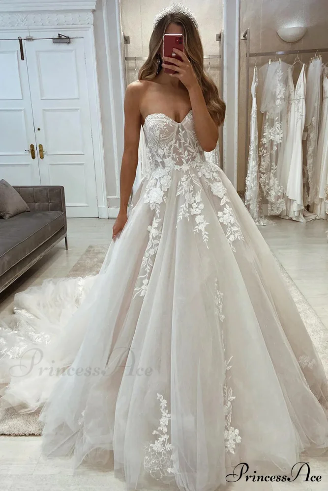 Norma Lace Applique Trendy Strapless A-line Wedding Dress - Image 5