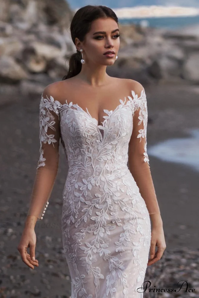 Elena Lace Applique Trendy Mermaid Wedding Dress - Image 3