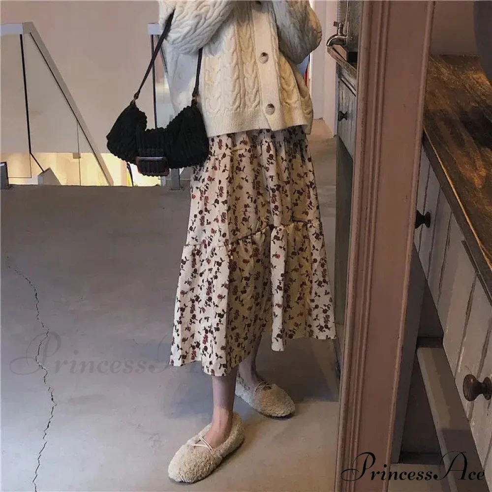 Corduroy High Waist Charming Floral Print Maxi Skirt - Image 10